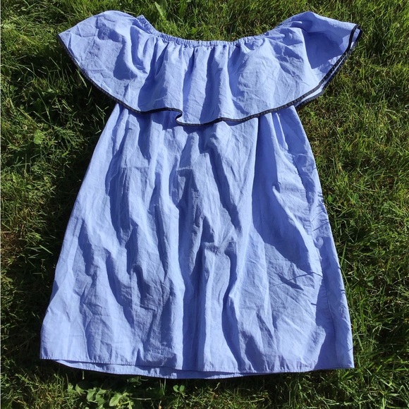 NWOT J.Crew Tipped Off-The-Shoulder Ruffle Blue Cotton Mini Dress Size L - Picture 4 of 6